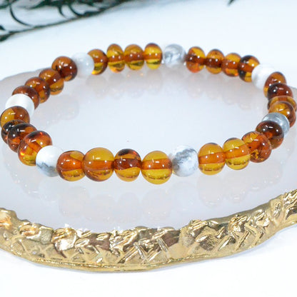 Amber en natuursteen volwassen armband - Cognac en Howliet