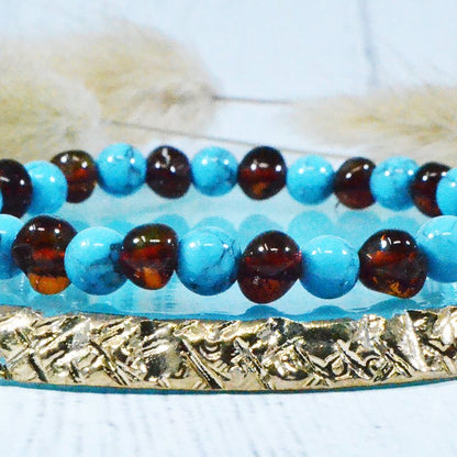 Cognac Amber/Blauw Turquoise Volwassen Armband