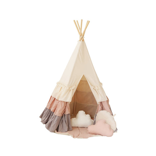 Tipi "Powder Frills" met ruches en "Powder Pink" schelpmattenset