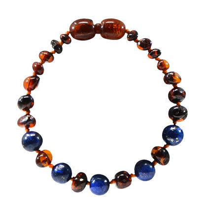 Amber en natuursteen babyarmbandje - Cognac en Lapis Lazuli